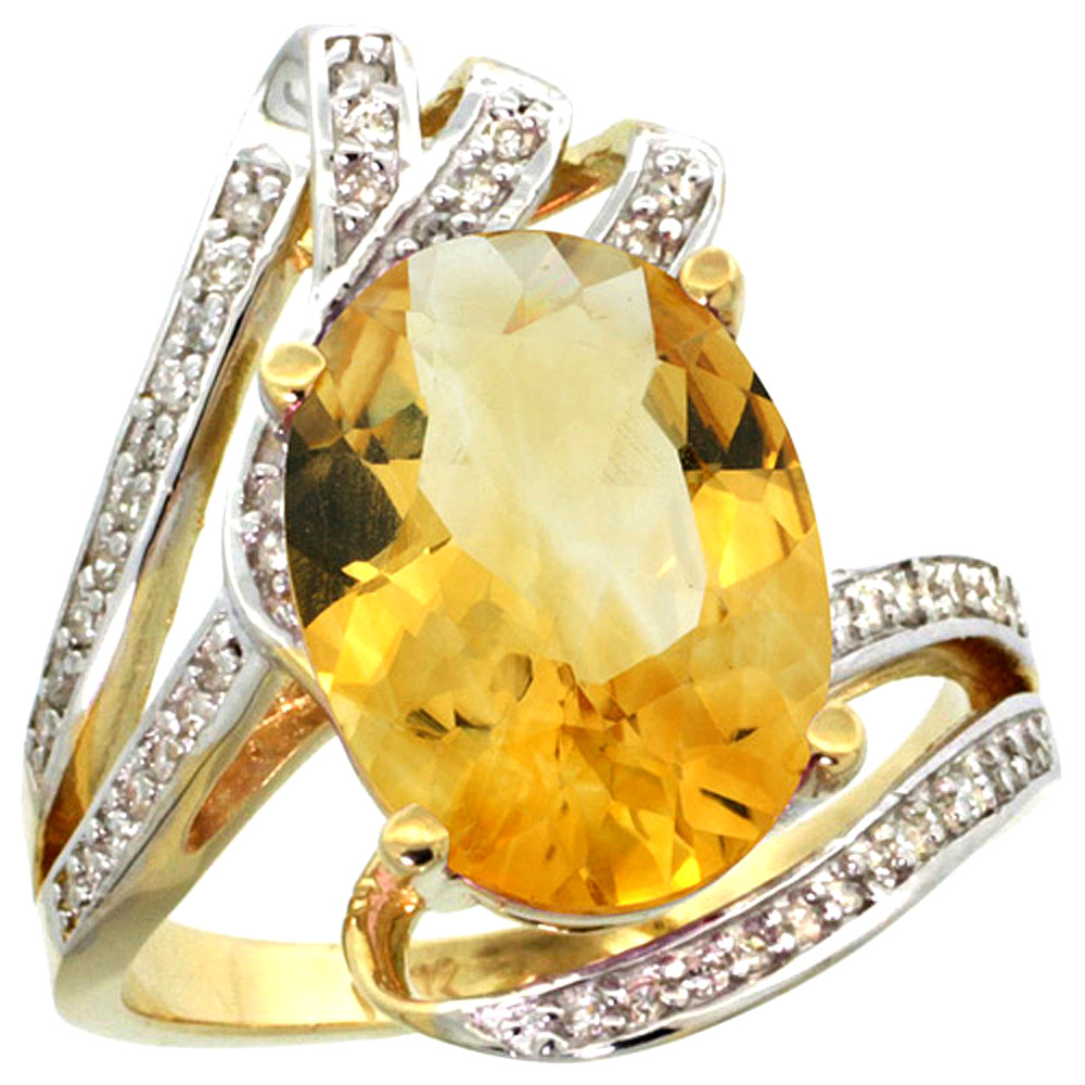 14k Yellow Gold Stone Natural Citrine Bypass Ring Diamond Accents Oval 14x10mm, sizes 5 - 10