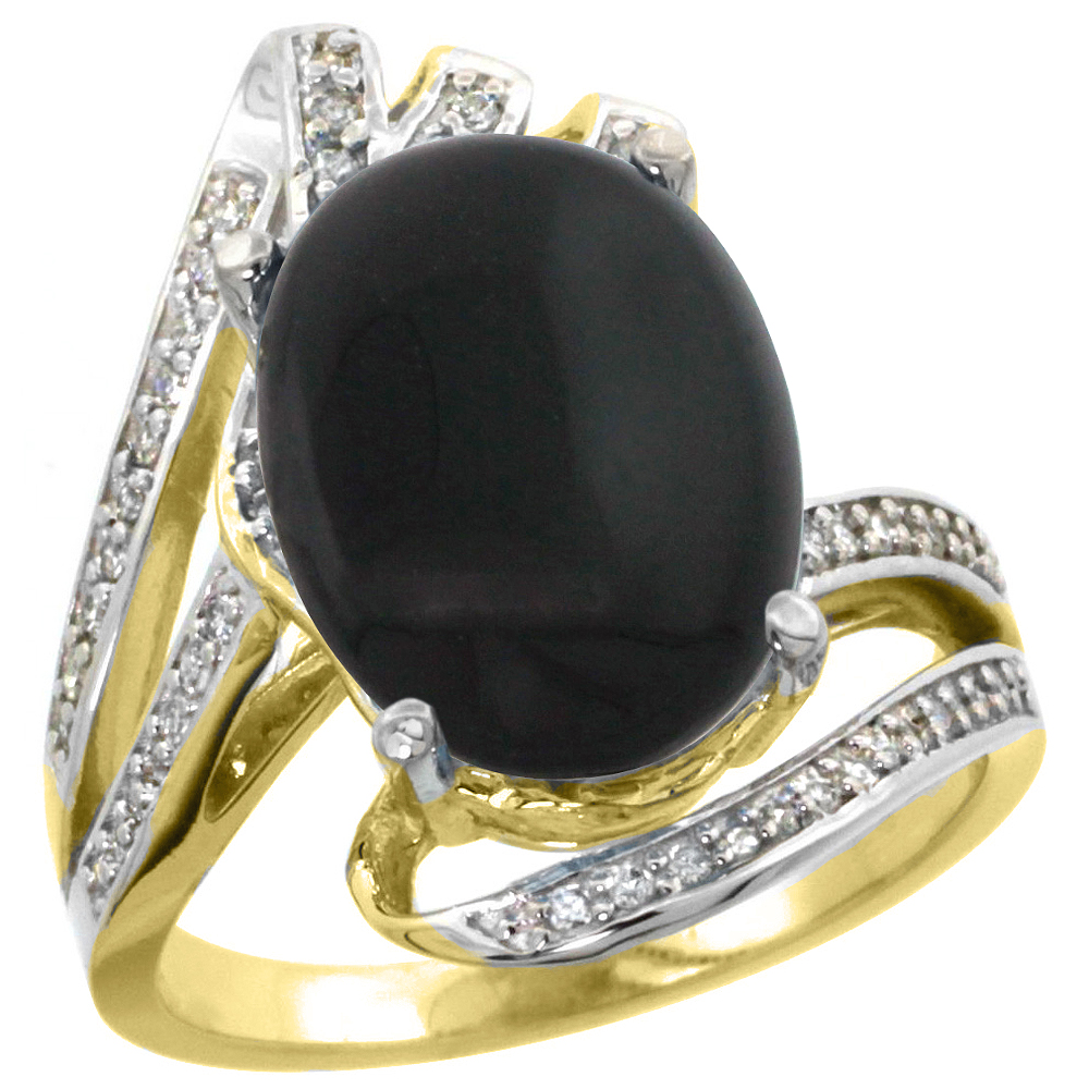 14K YELLOW GOLD STONE NATURAL BLACK ONYX BYPASS RING DIAMOND ACCENTS OVAL 14X10MM, SIZES 5 - 10
