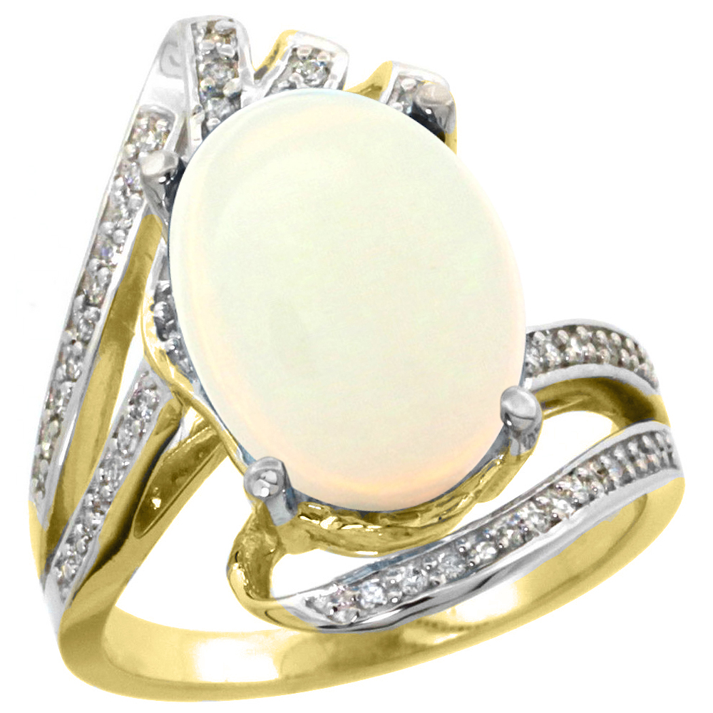14K YELLOW GOLD STONE NATURAL OPAL BYPASS RING DIAMOND ACCENTS OVAL 14X10MM, SIZES 5 - 10