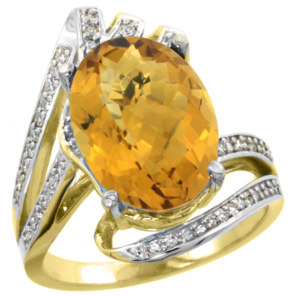 14k Yellow Gold Stone Natural Whisky Quartz Bypass Ring Diamond Accents Oval 14x10mm, sizes 5 - 10