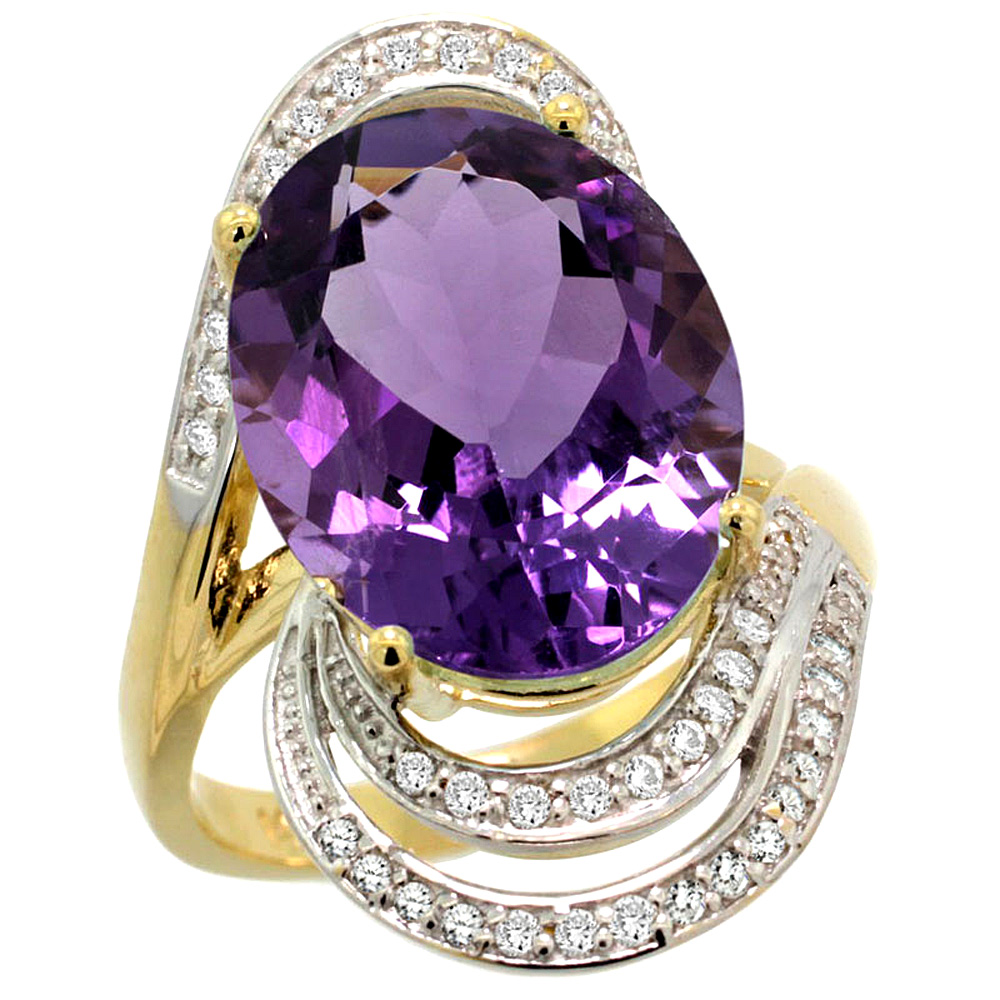 14K YELLOW GOLD 0.19CT DIAMOND GENUINE AMETHYST ENGAGEMENT RING OVAL 16X12MM 1 INCH WIDE, SIZE 5-10