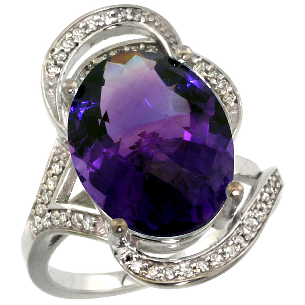 14K WHITE GOLD NATURAL AMETHYST RING DIAMOND ACCENT OVAL 16X12MM, SIZES 5 - 10