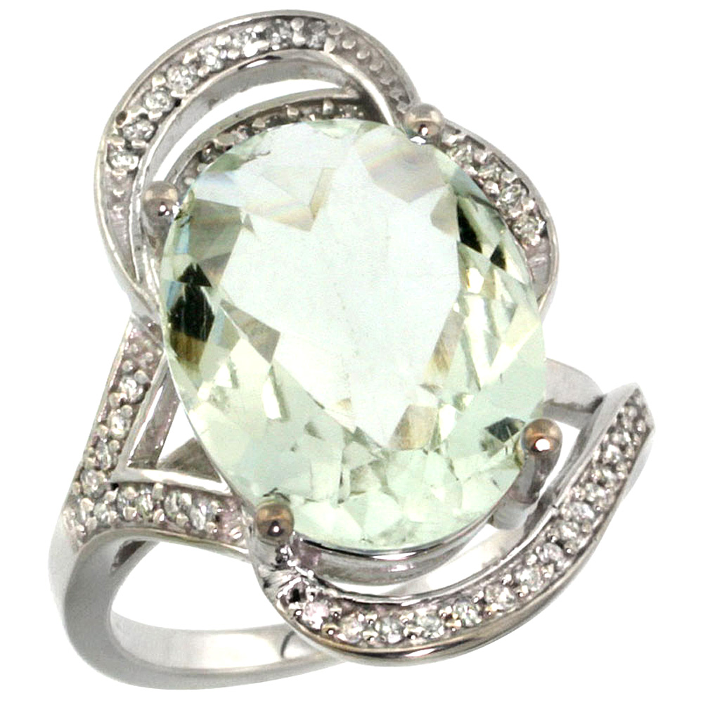 14k White Gold Natural Green Amethyst Ring Diamond Accent Oval 16x12mm, sizes 5 - 10