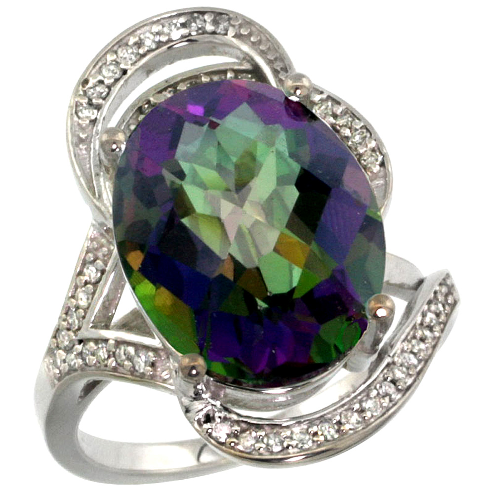 14K WHITE GOLD NATURAL MYSTIC TOPAZ RING DIAMOND ACCENT OVAL 16X12MM, SIZES 5 - 10