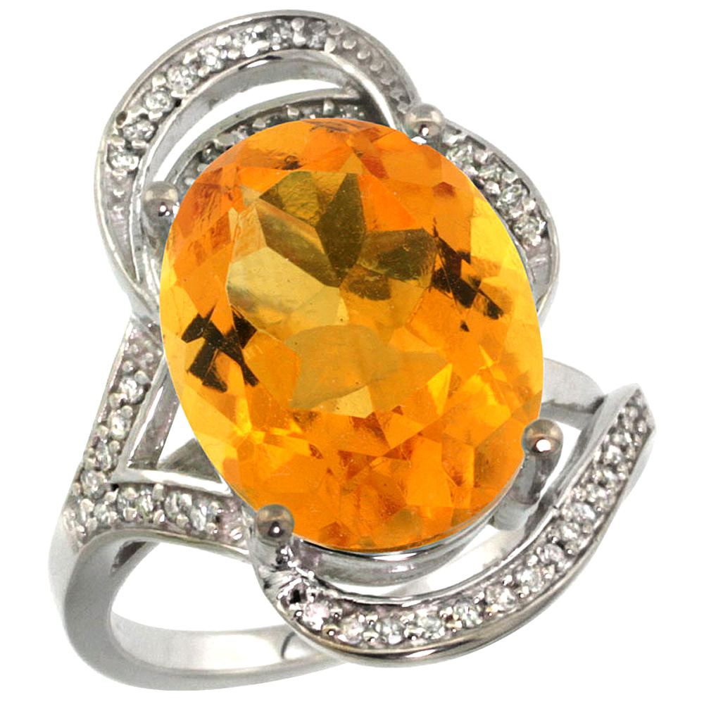 14K WHITE GOLD NATURAL CITRINE RING DIAMOND ACCENT OVAL 16X12MM, SIZES 5 - 10