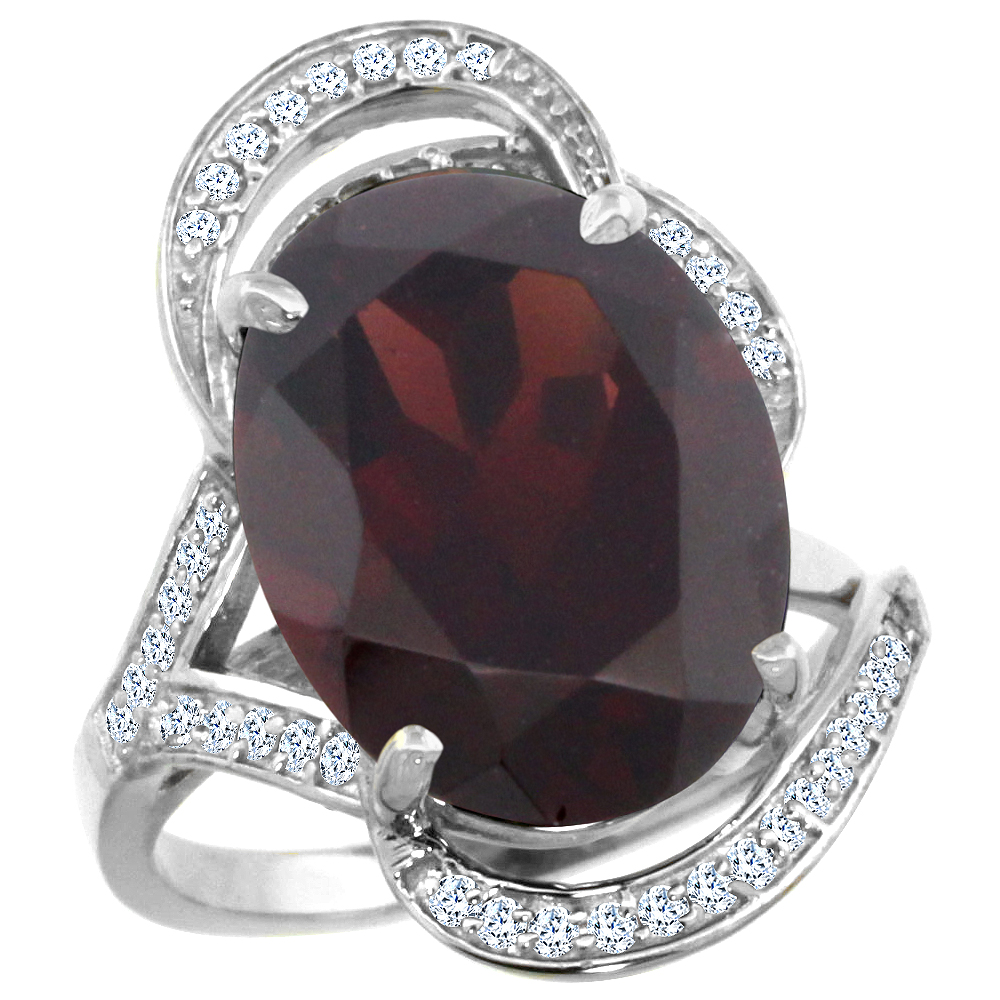 14k White Gold Natural Garnet Ring Diamond Accent Oval 16x12mm, sizes 5 - 10