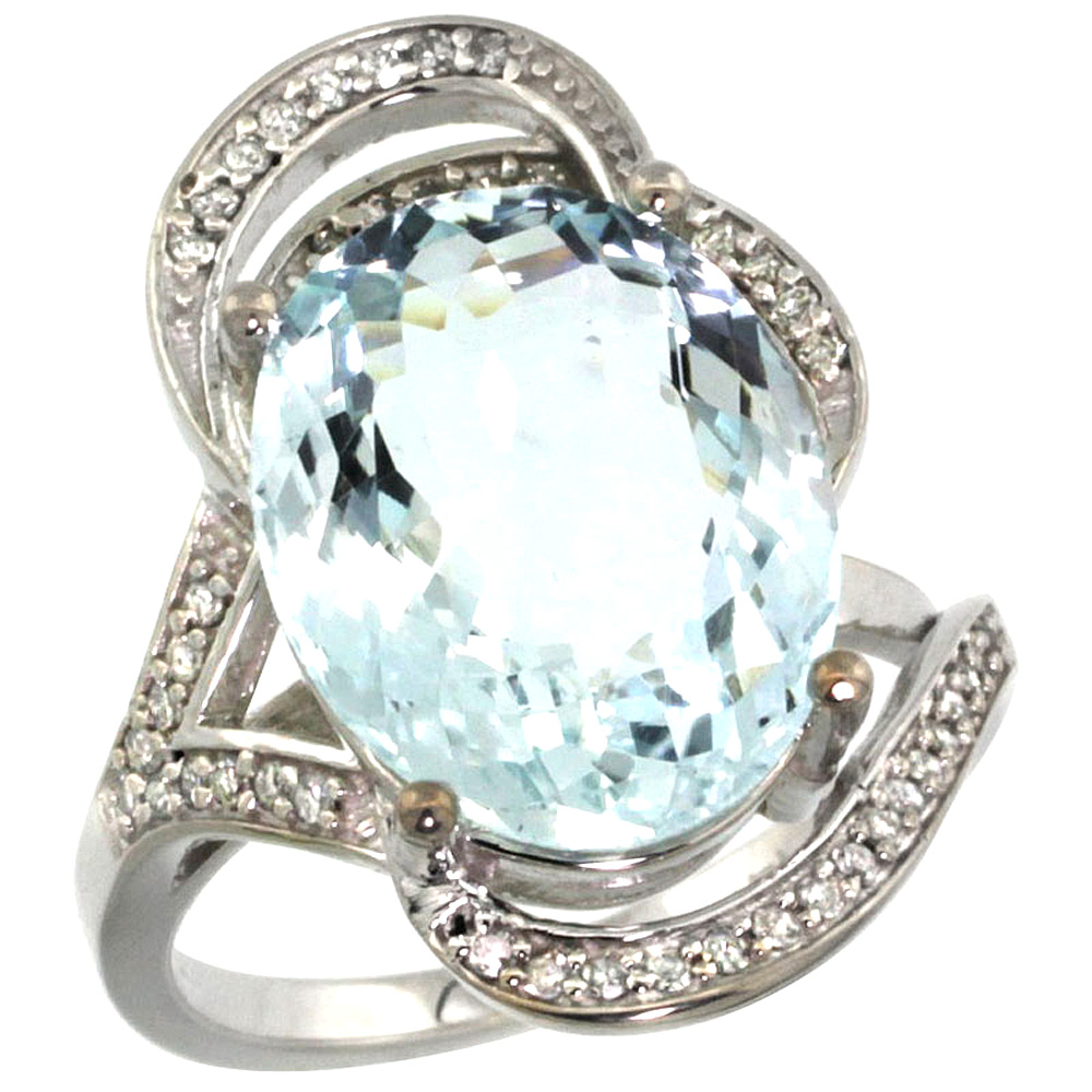 14K WHITE GOLD NATURAL AQUAMARINE RING DIAMOND ACCENT OVAL 16X12MM, SIZES 5 - 10