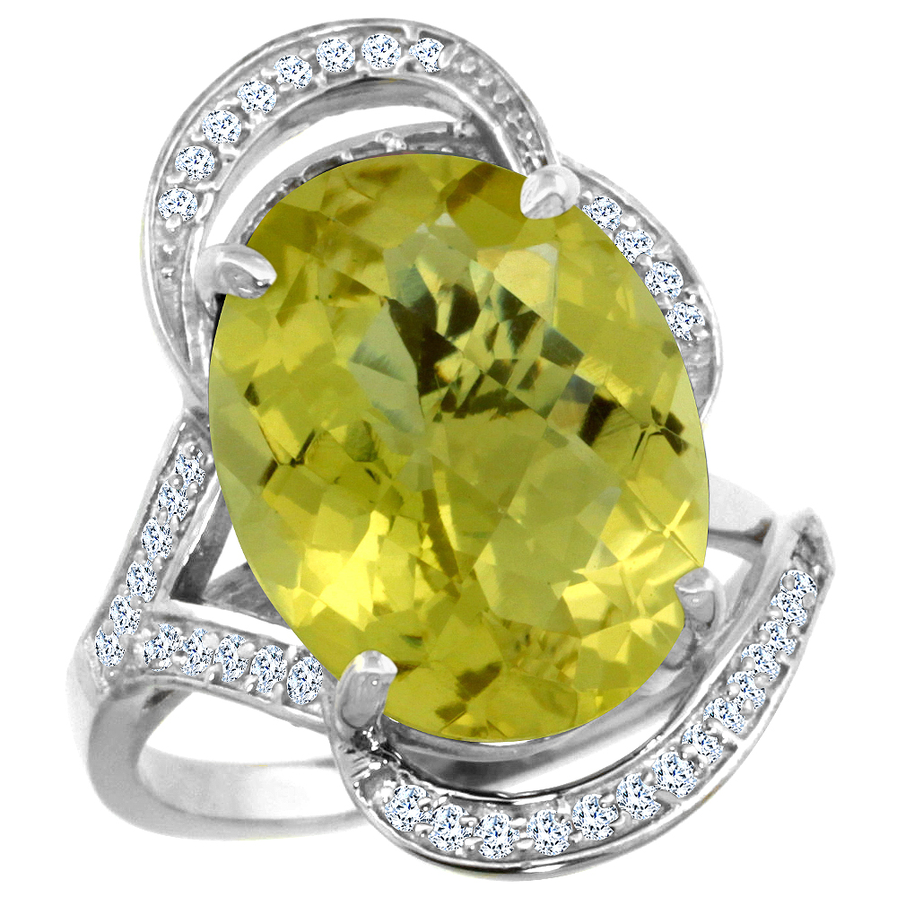 14K WHITE GOLD NATURAL LEMON QUARTZ RING DIAMOND ACCENT OVAL 16X12MM, SIZES 5 - 10