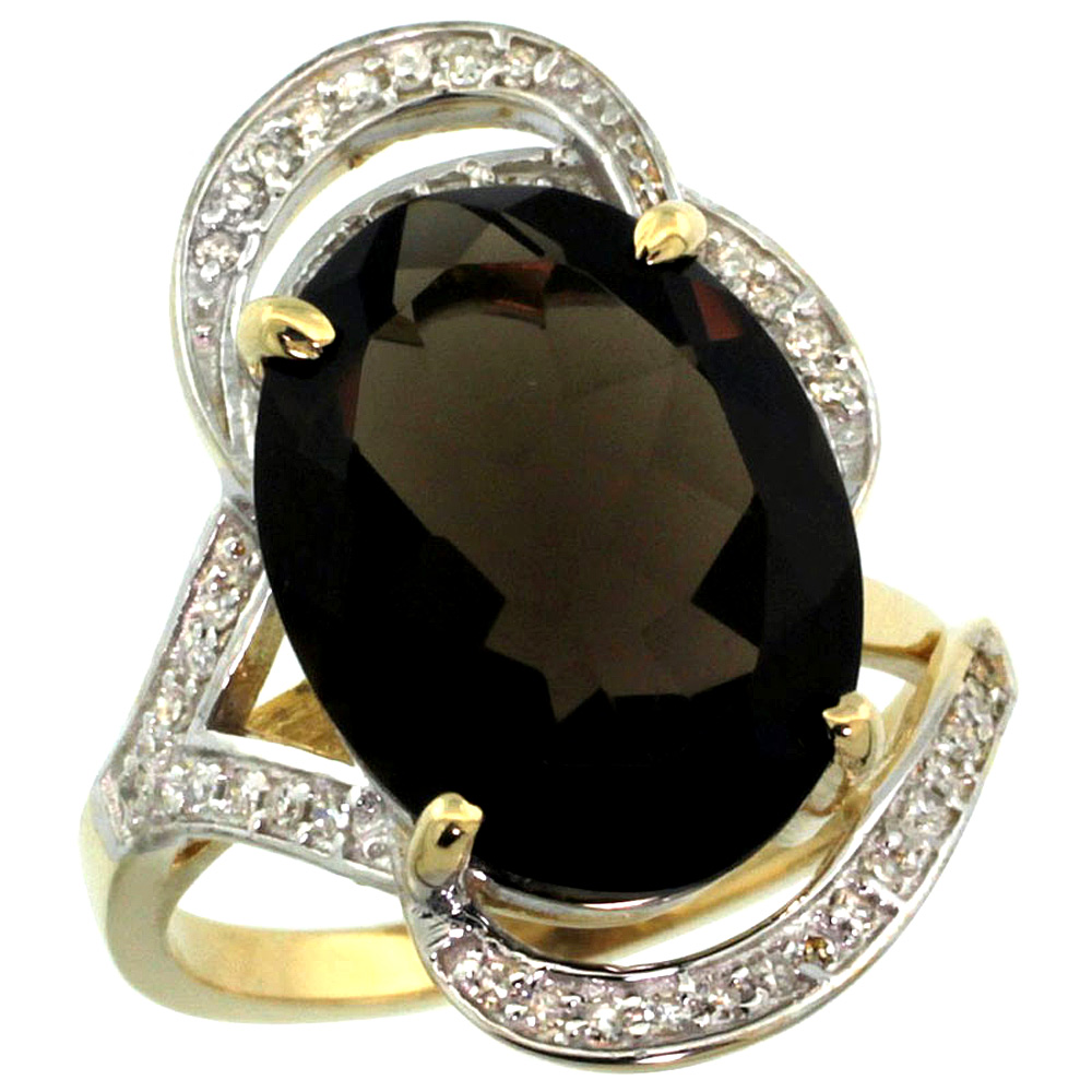 14K YELLOW GOLD NATURAL SMOKY TOPAZ RING DIAMOND ACCENT OVAL 16X12MM, SIZES 5 - 10