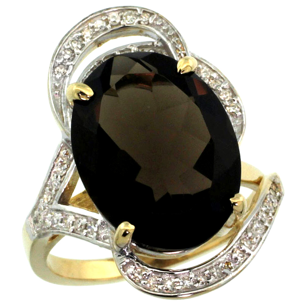 14k Yellow Gold Natural Smoky Topaz Ring Diamond Accent Oval 16x12mm, sizes 5 - 10