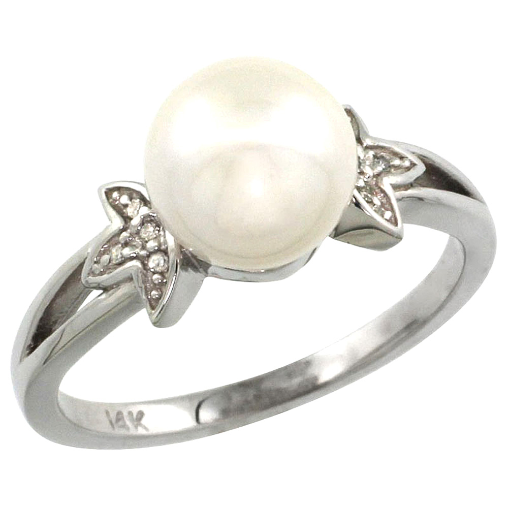 14k White Gold Round 9mm Genuine White Pearl Split Shank Ring 0.04 ct Diamond 3/8 inch wide, size 5-10