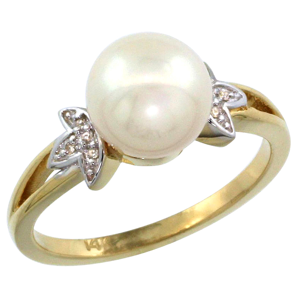 14k Yellow Gold Round 9mm Genuine White Pearl Split Shank Ring 0.04 ct Diamond 3/8 inch wide, size 5-10