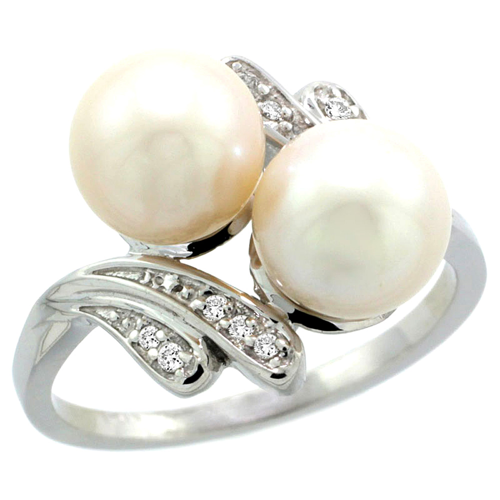 14k White Gold Diamond 7mm Round White Pearl Bypass Ring 0.05 ct Round Brilliant cut 9/16 inch, size 5-10