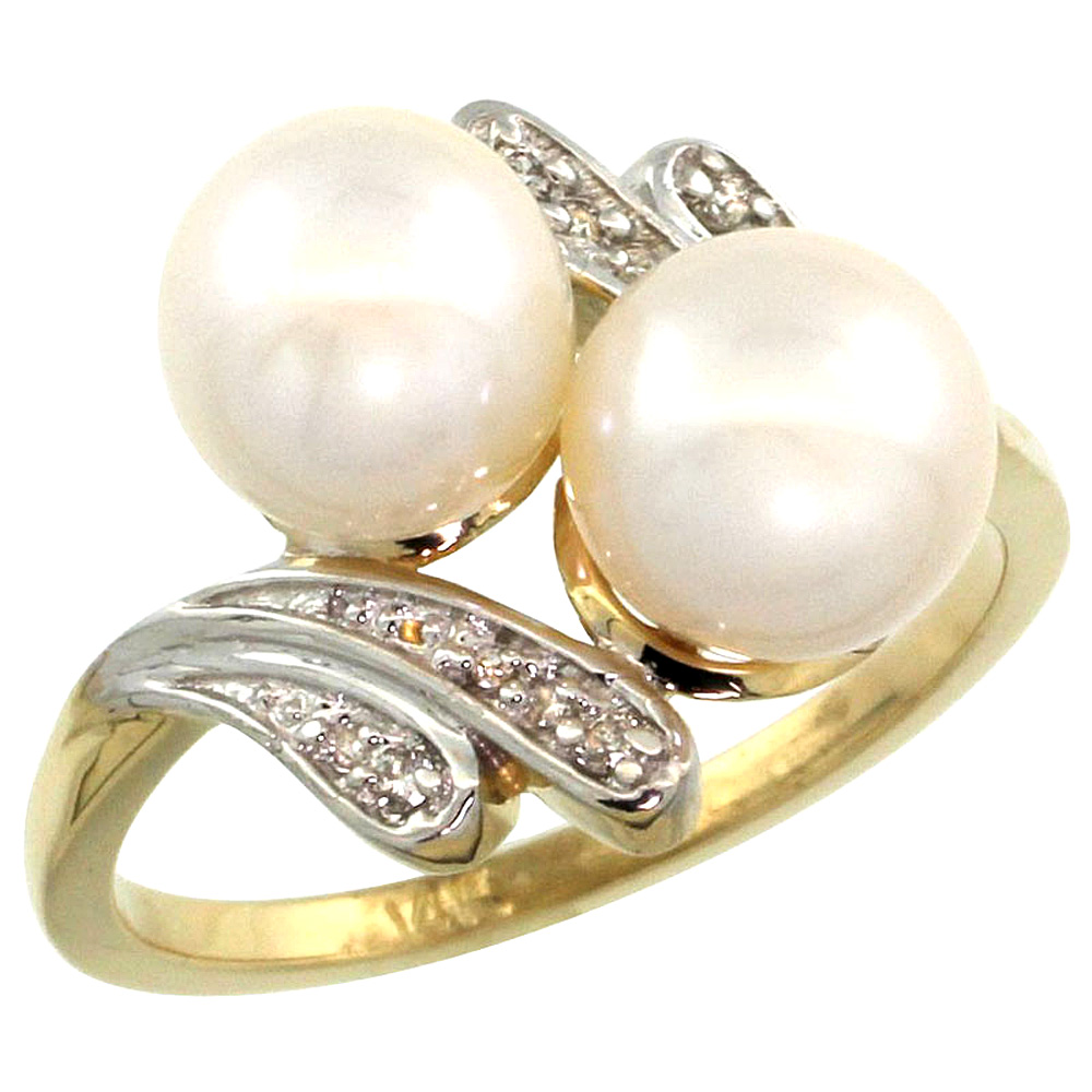 14k Yellow Gold Diamond 7mm Round White Pearl Bypass Ring 0.05ct Round Brilliant cut 9/16 inch, size 5-10
