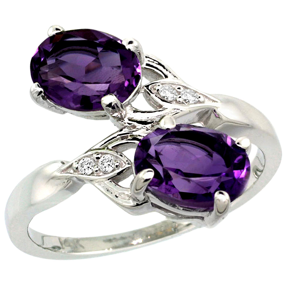 14K WHITE GOLD DIAMOND NATURAL AMETHYST 2-STONE RING OVAL 8X6MM, SIZES 5 - 10