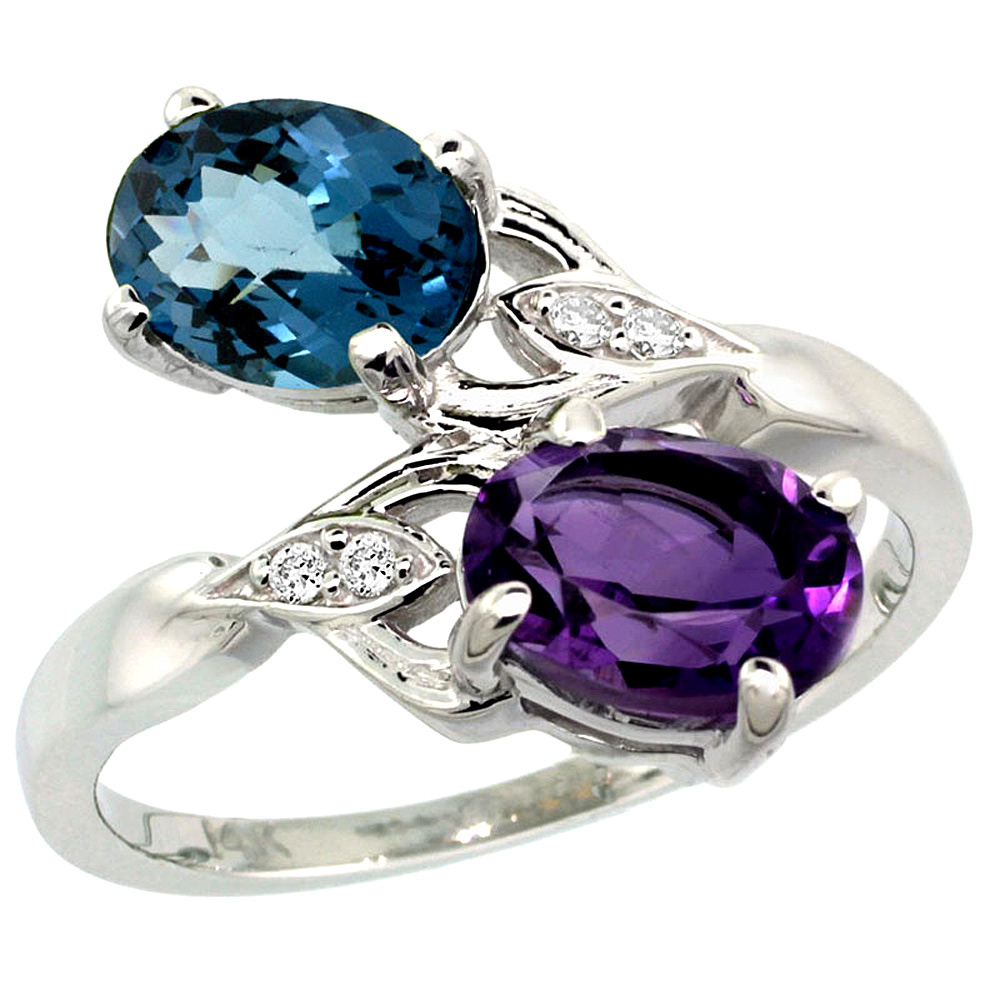 14K WHITE GOLD DIAMOND NATURAL AMETHYST & LONDON BLUE TOPAZ 2-STONE RING OVAL 8X6MM, SIZES 5 - 10