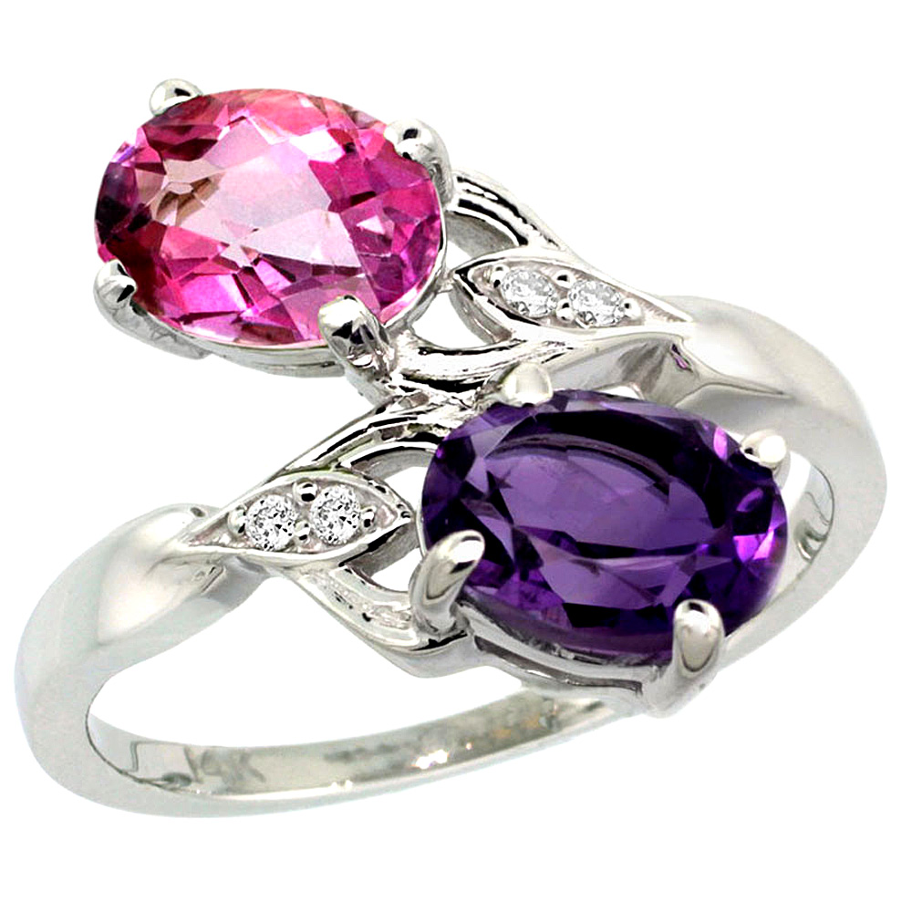 14K WHITE GOLD DIAMOND NATURAL AMETHYST & PINK TOPAZ 2-STONE RING OVAL 8X6MM, SIZES 5 - 10