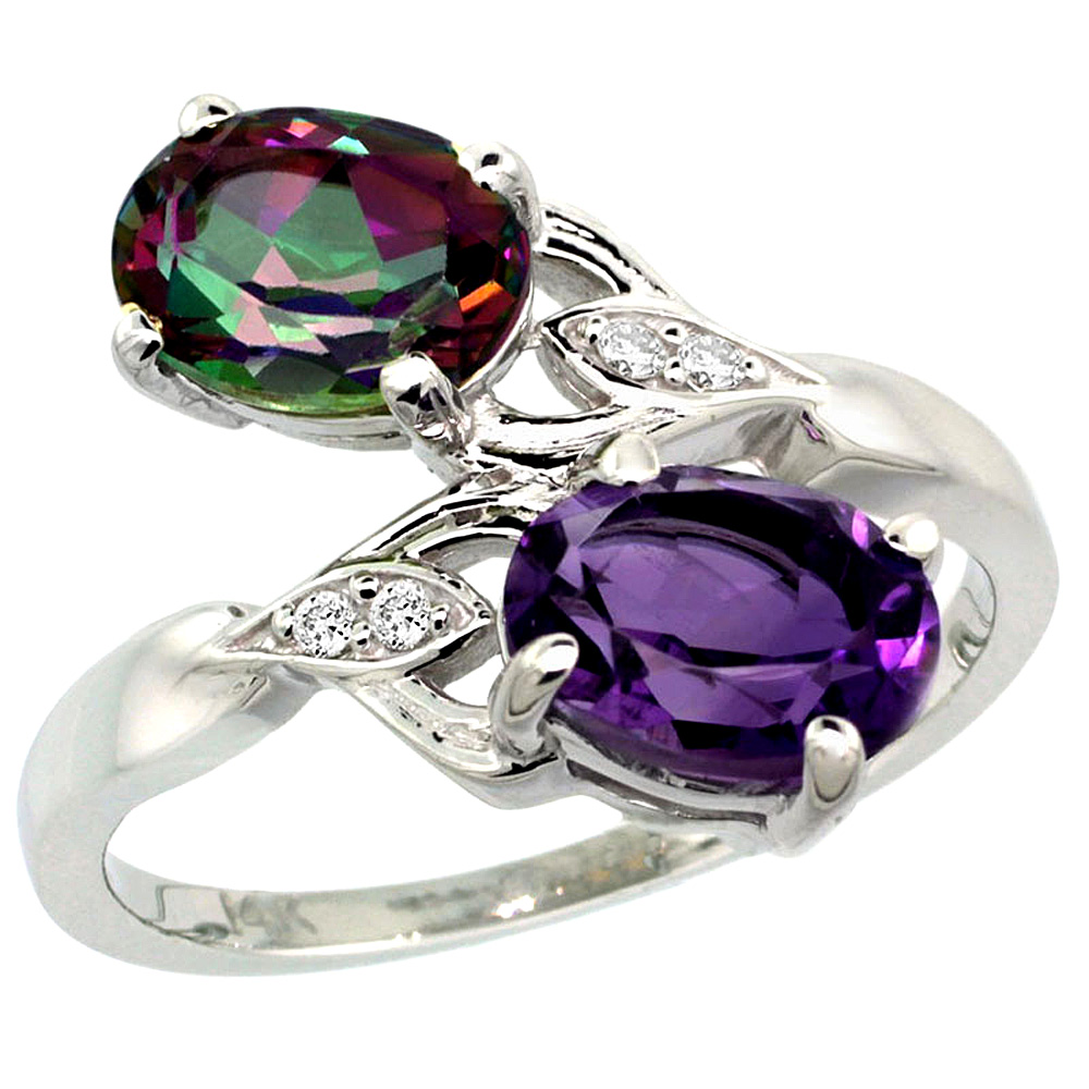 14k White Gold Diamond Natural Amethyst &amp; Mystic Topaz 2-stone Ring Oval 8x6mm, sizes 5 - 10