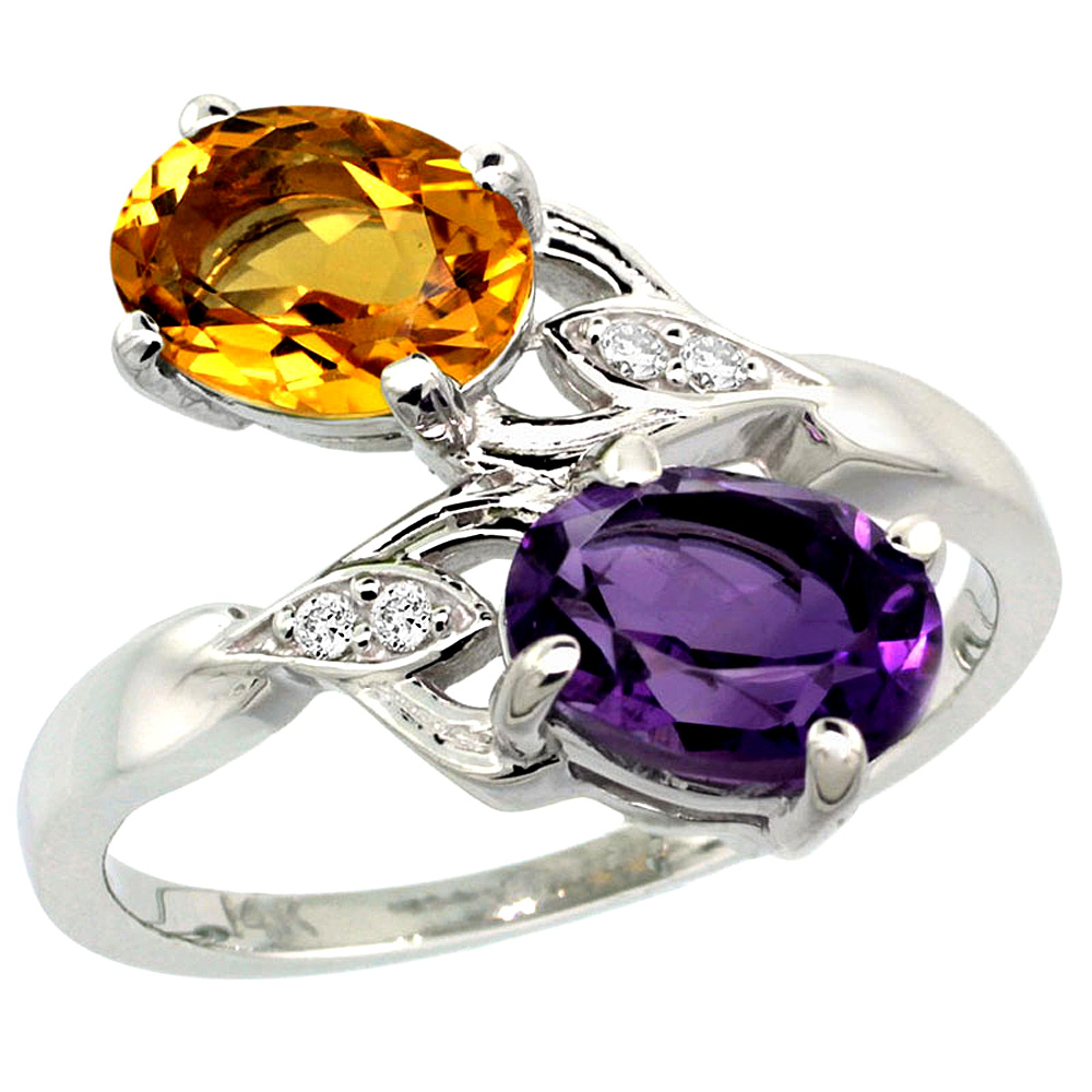 14K WHITE GOLD DIAMOND NATURAL AMETHYST & CITRINE 2-STONE RING OVAL 8X6MM, SIZES 5 - 10
