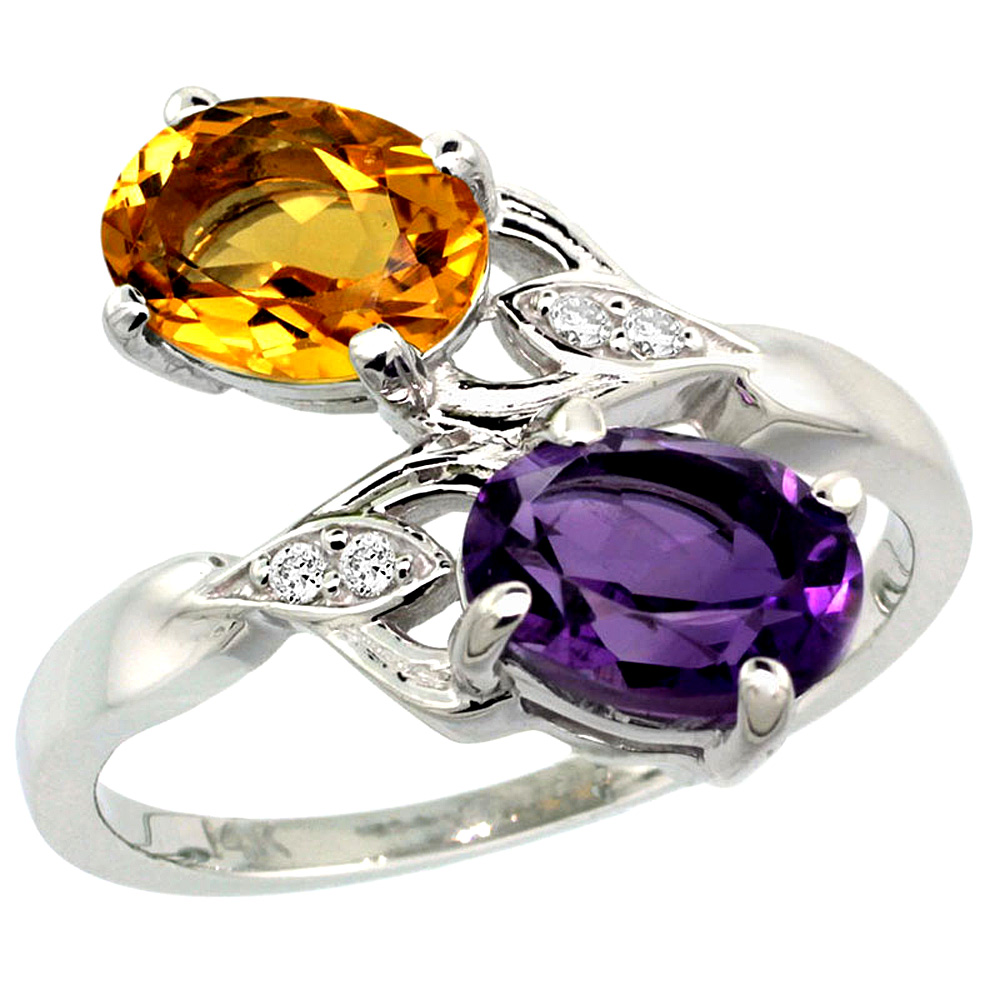 14k White Gold Diamond Natural Amethyst & Citrine 2-stone Ring Oval 8x6mm, sizes 5 - 10