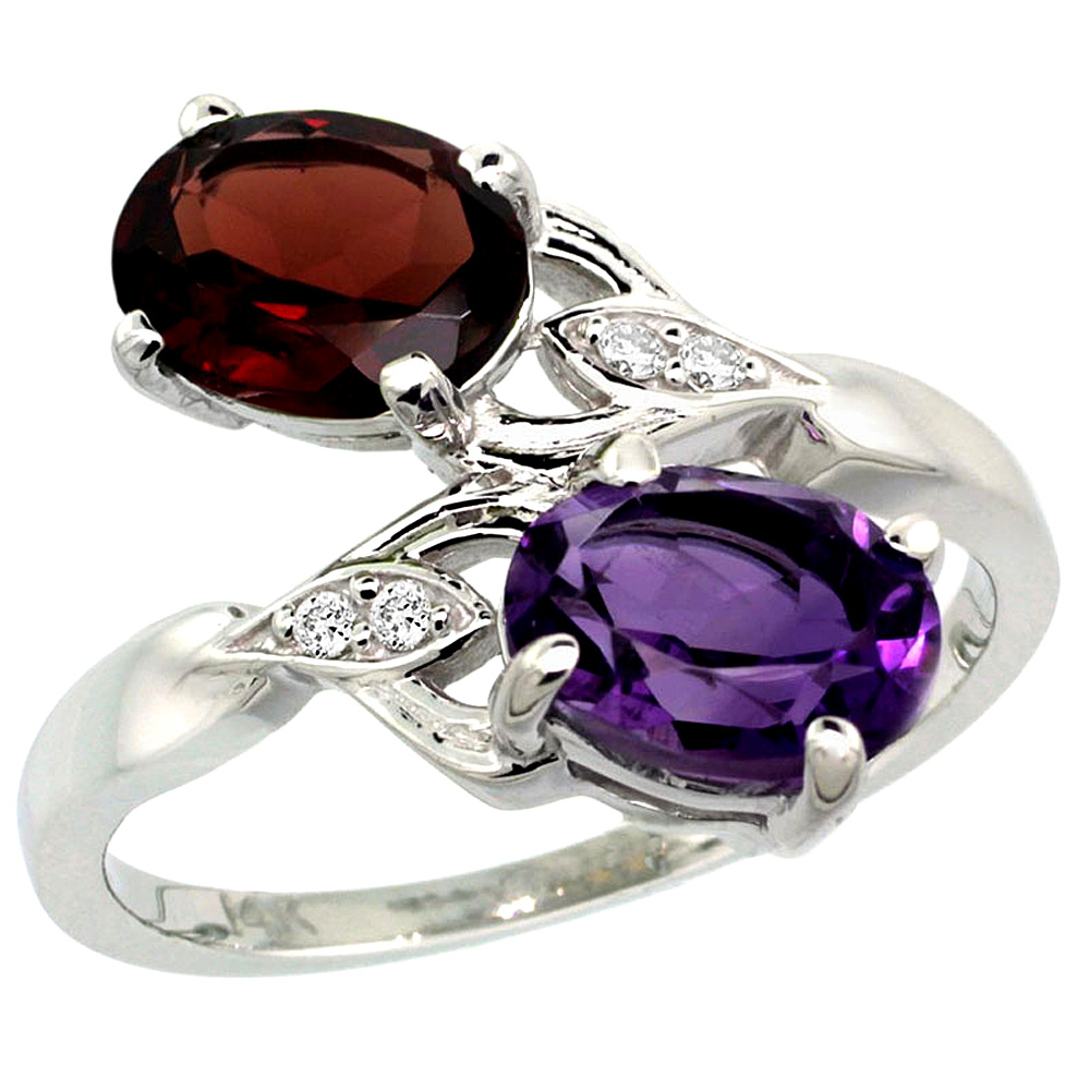 14k White Gold Diamond Natural Amethyst & Garnet 2-stone Ring Oval 8x6mm, sizes 5 - 10