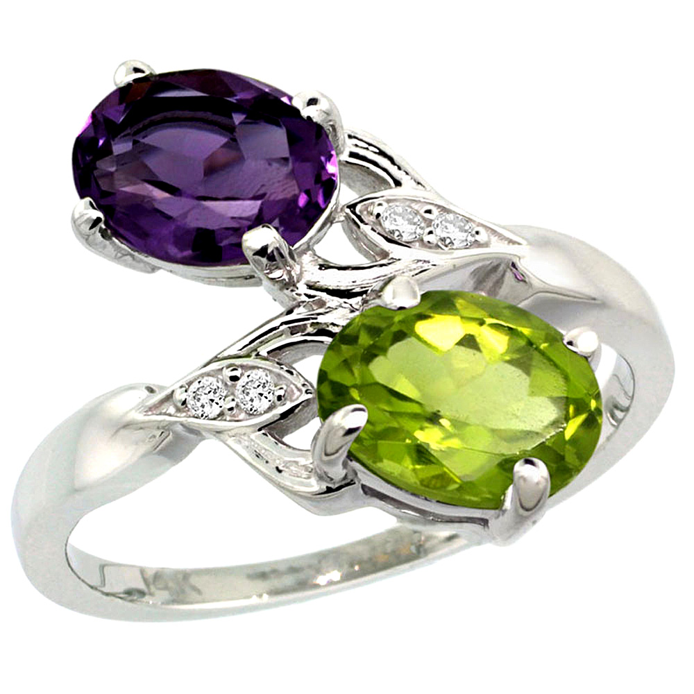 14K WHITE GOLD DIAMOND NATURAL AMETHYST & PERIDOT 2-STONE RING OVAL 8X6MM, SIZES 5 - 10