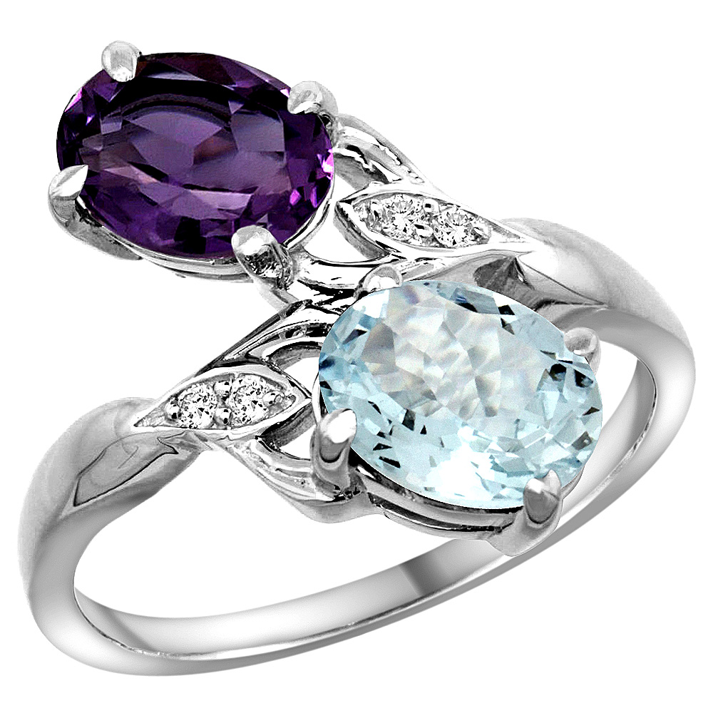 14k White Gold Diamond Natural Amethyst &amp; Aquamarine 2-stone Ring Oval 8x6mm, sizes 5 - 10