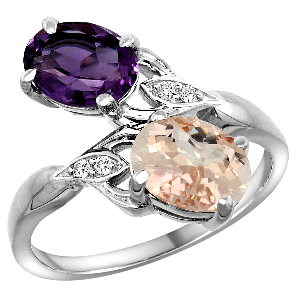 10K WHITE GOLD DIAMOND NATURAL AMETHYST & MORGANITE 2-STONE RING OVAL 8X6MM, SIZES 5 - 10