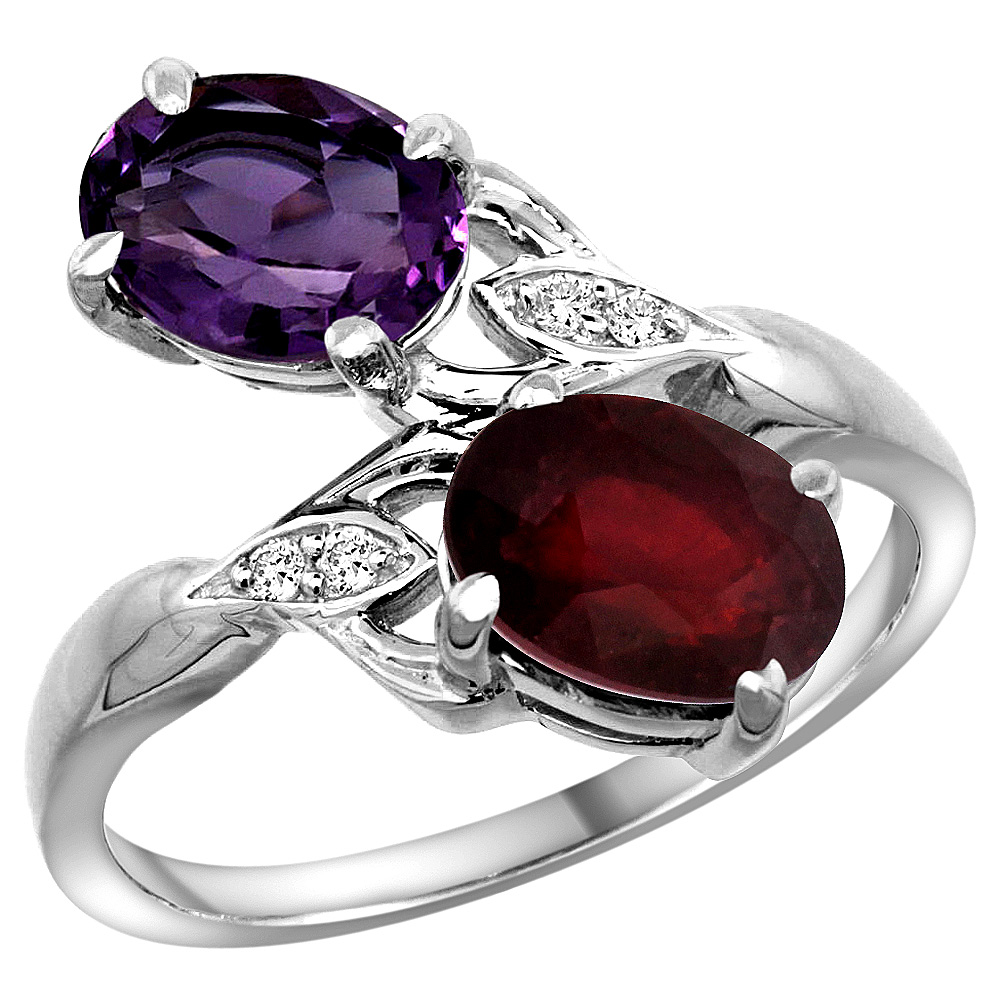 14k White Gold Diamond Natural Amethyst & Enhanced Genuine Ruby 2-stone Ring Oval 8x6mm, sizes 5 - 10