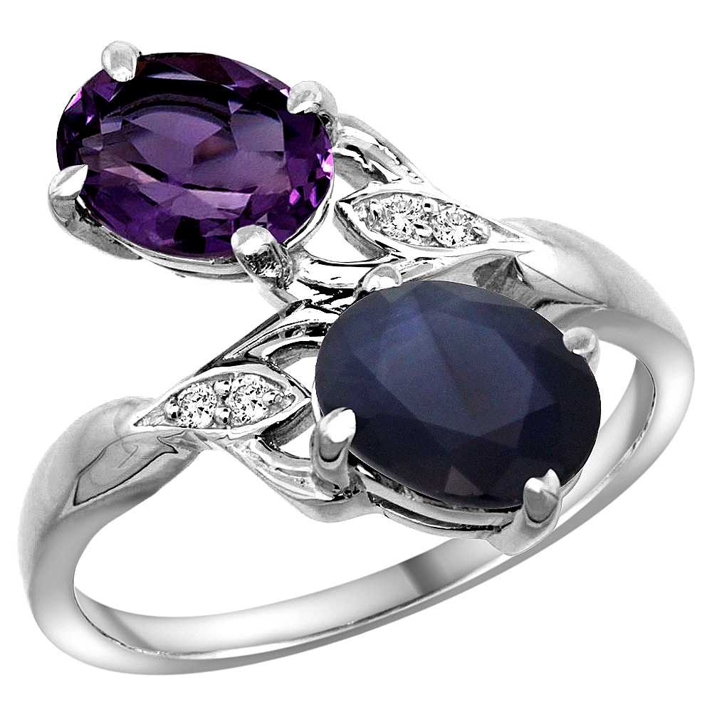 10K White Gold Diamond Natural Amethyst &amp; Blue Sapphire 2-stone Ring Oval 8x6mm, sizes 5 - 10