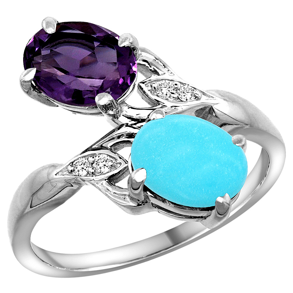 10K White Gold Diamond Natural Amethyst &amp; Turquoise 2-stone Ring Oval 8x6mm, sizes 5 - 10