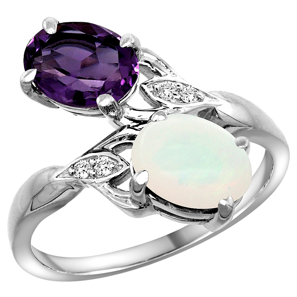 10K WHITE GOLD DIAMOND NATURAL AMETHYST & OPAL 2-STONE RING OVAL 8X6MM, SIZES 5 - 10