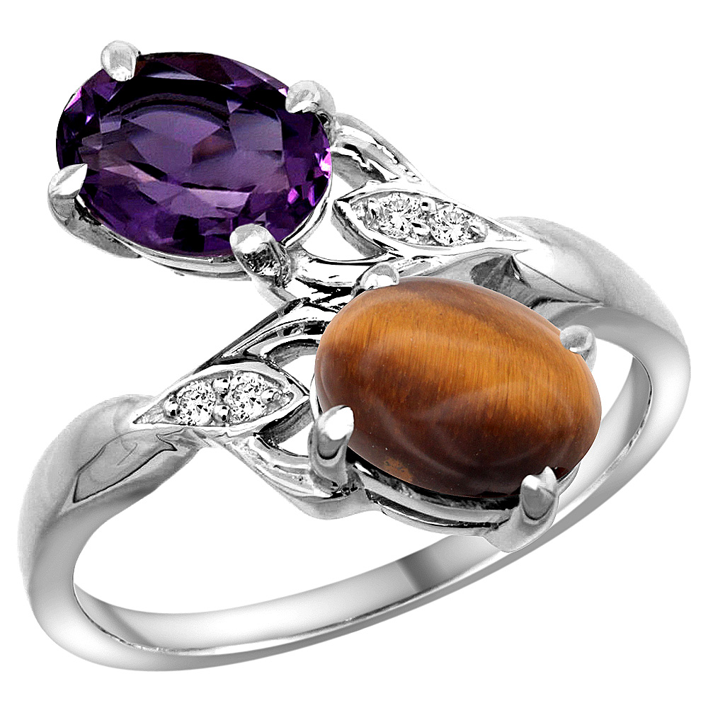 14k White Gold Diamond Natural Amethyst &amp; Tiger Eye 2-stone Ring Oval 8x6mm, sizes 5 - 10