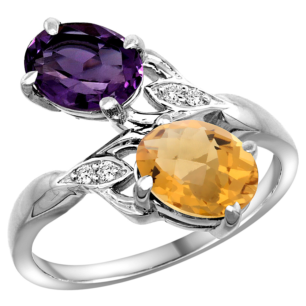 14k White Gold Diamond Natural Amethyst & Whisky Quartz 2-stone Ring Oval 8x6mm, sizes 5 - 10