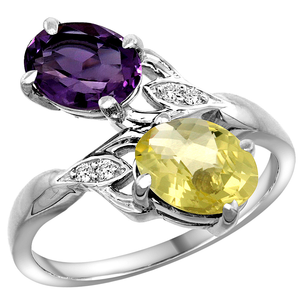 10K White Gold Diamond Natural Amethyst &amp; Lemon Quartz 2-stone Ring Oval 8x6mm, sizes 5 - 10