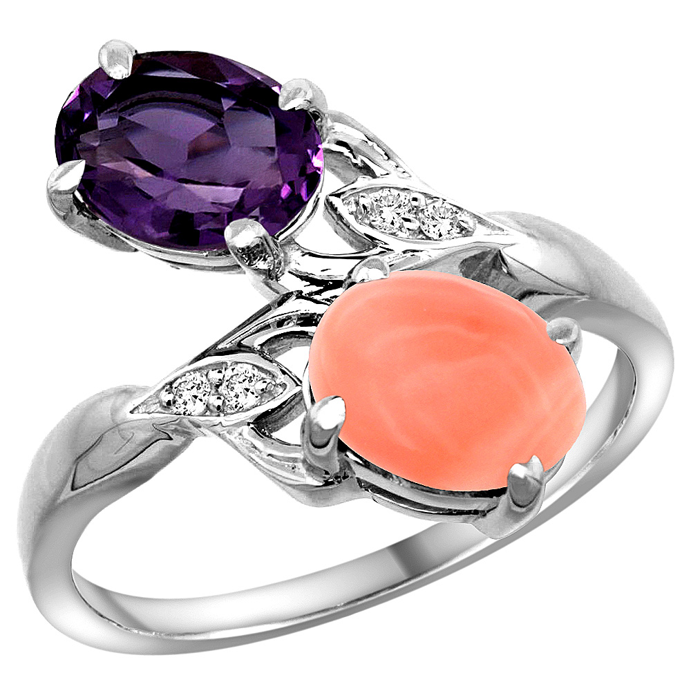 10K WHITE GOLD DIAMOND NATURAL AMETHYST & CORAL 2-STONE RING OVAL 8X6MM, SIZES 5 - 10