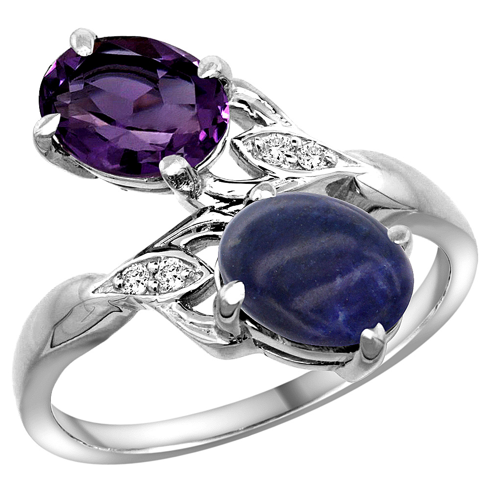 10K White Gold Diamond Natural Amethyst &amp; Lapis 2-stone Ring Oval 8x6mm, sizes 5 - 10