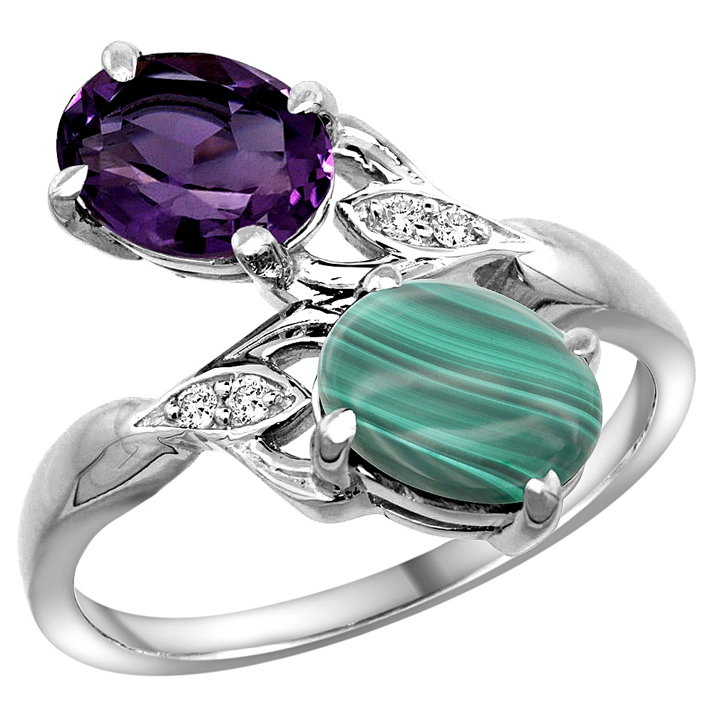 10K WHITE GOLD DIAMOND NATURAL AMETHYST & MALACHITE 2-STONE RING OVAL 8X6MM, SIZES 5 - 10