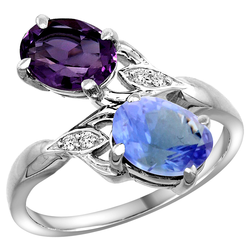 10K WHITE GOLD DIAMOND NATURAL AMETHYST & TANZANITE 2-STONE RING OVAL 8X6MM, SIZES 5 - 10