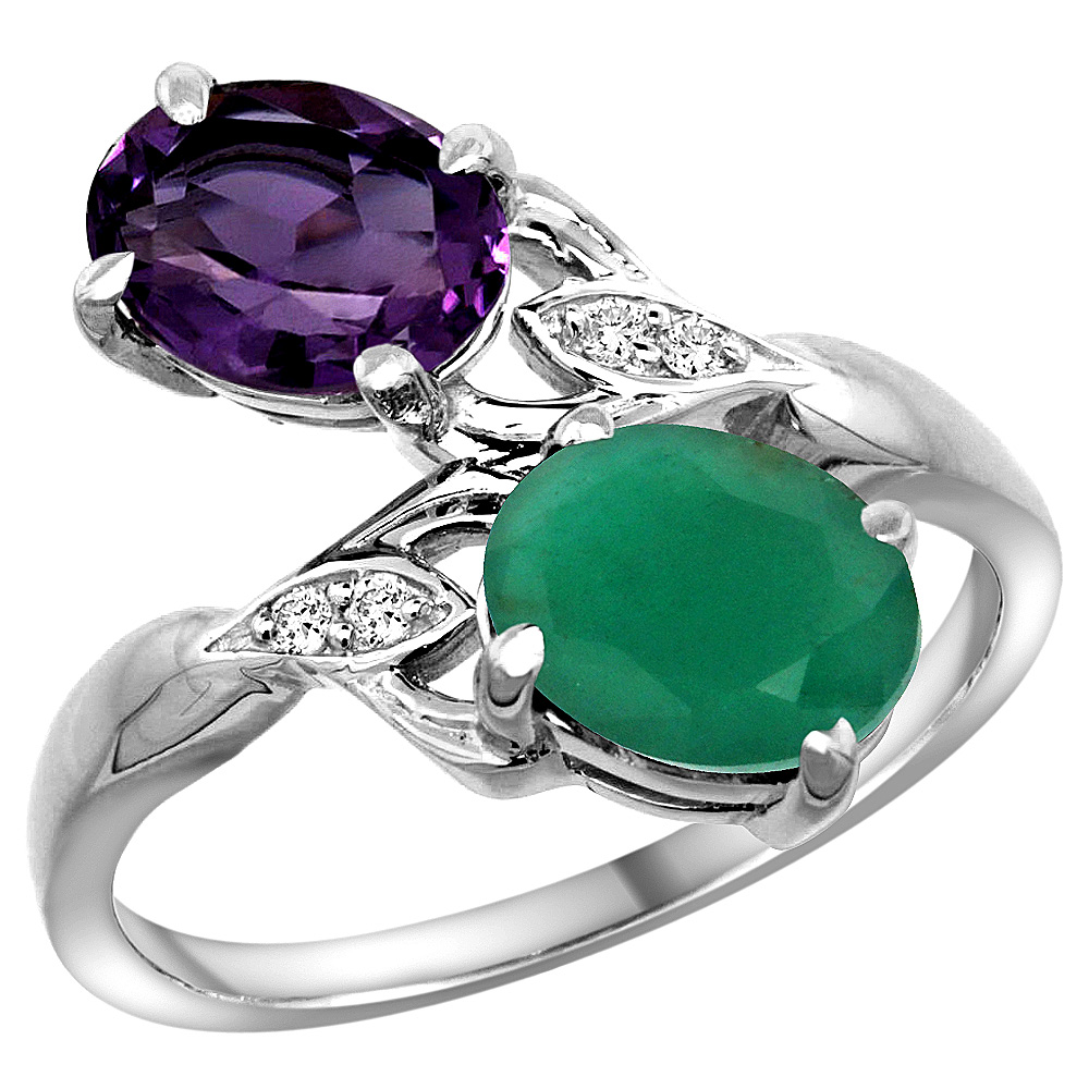 10K White Gold Diamond Natural Amethyst & Quality Emerald 2-stone Mothers Ring Oval 8x6mm, size 5 - 10