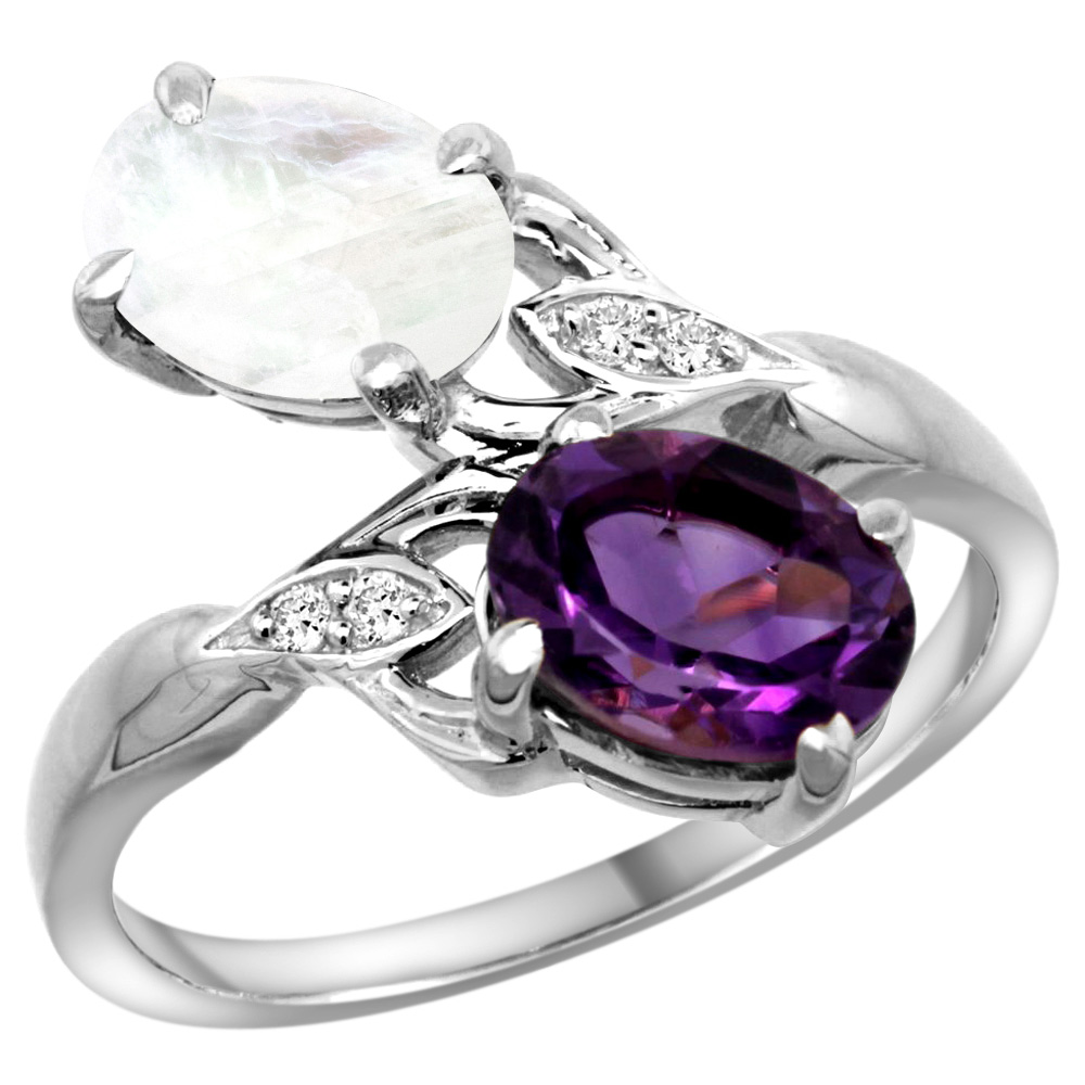 14k White Gold Diamond Natural Amethyst &amp; Rainbow Moonstone 2-stone Ring Oval 8x6mm, sizes 5 - 10