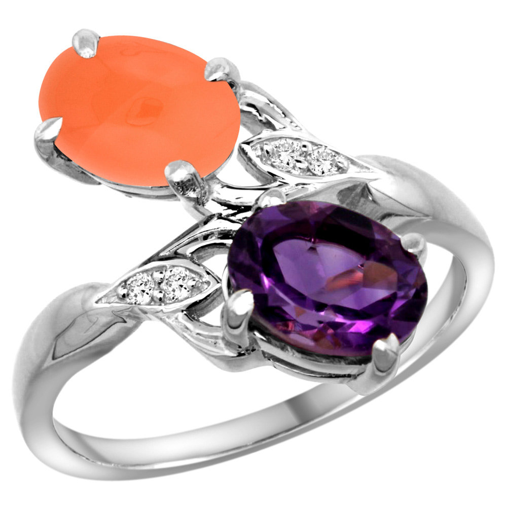 10K White Gold Diamond Natural Amethyst & Orange Moonstone 2-stone Ring Oval 8x6mm, sizes 5 - 10