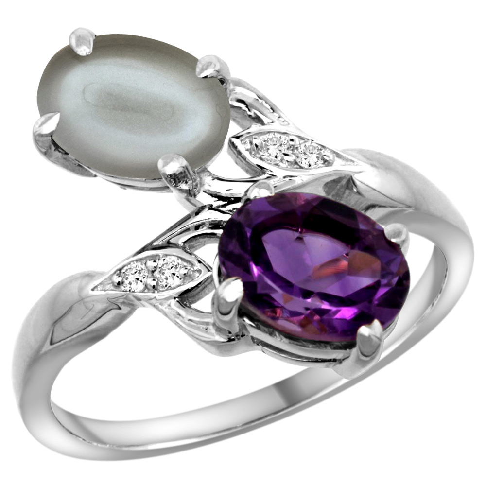 14k White Gold Diamond Natural Amethyst &amp; Gray Moonstone 2-stone Ring Oval 8x6mm, sizes 5 - 10