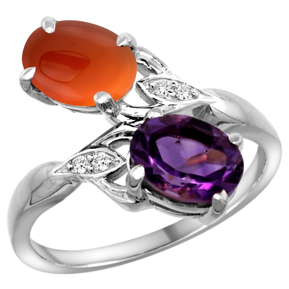 10K WHITE GOLD DIAMOND NATURAL AMETHYST & BROWN AGATE 2-STONE RING OVAL 8X6MM, SIZES 5 - 10