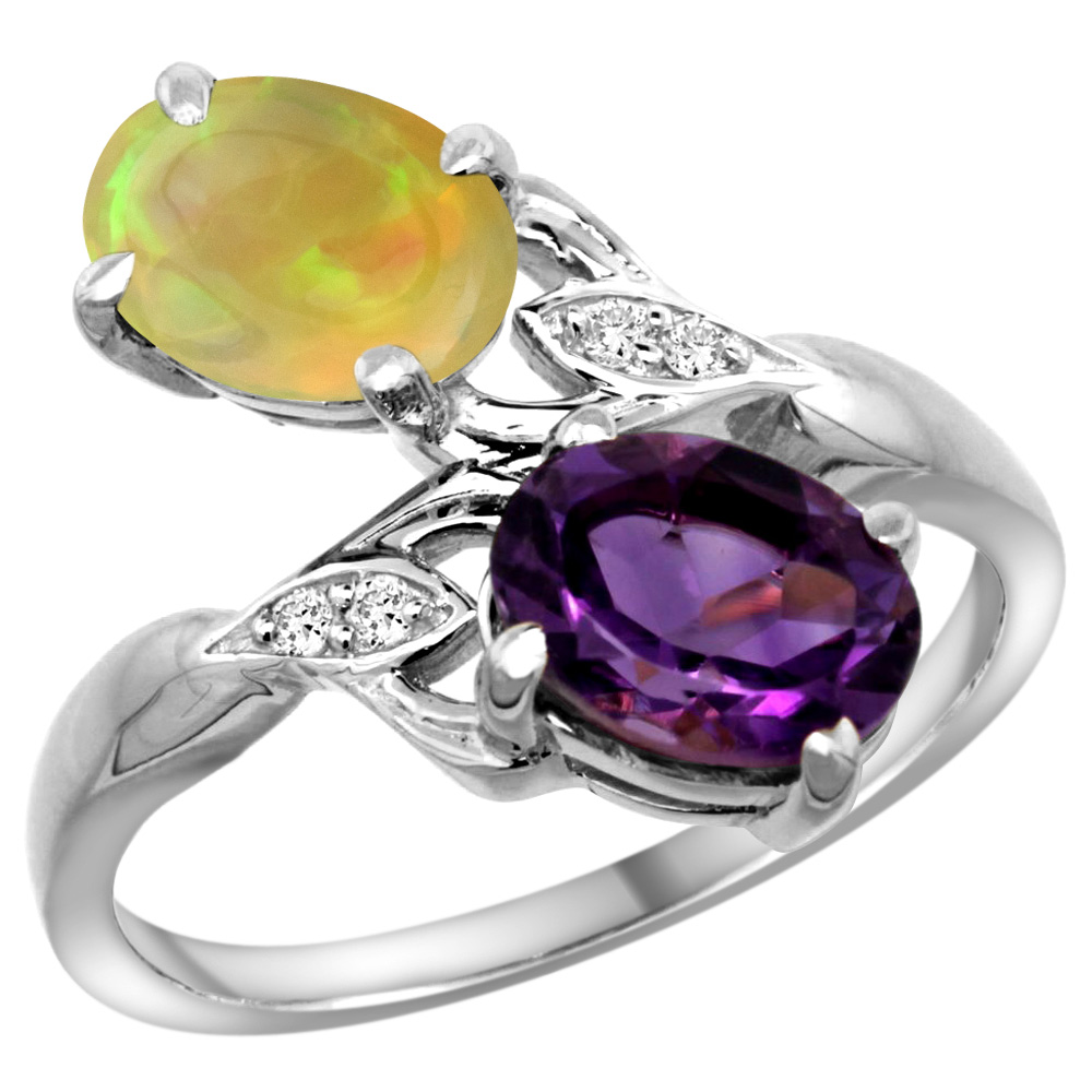 10K WHITE GOLD DIAMOND NATURAL AMETHYST & ETHIOPIAN OPAL 2-STONE MOTHERS RING OVAL 8X6MM, SIZE 5 - 10