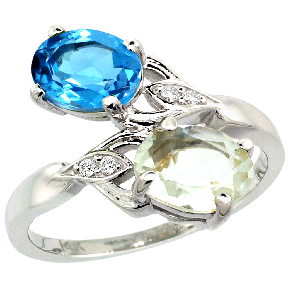 14K WHITE GOLD DIAMOND NATURAL GREEN AMETHYST & SWISS BLUE TOPAZ 2-STONE RING OVAL 8X6MM, SIZES 5 - 10