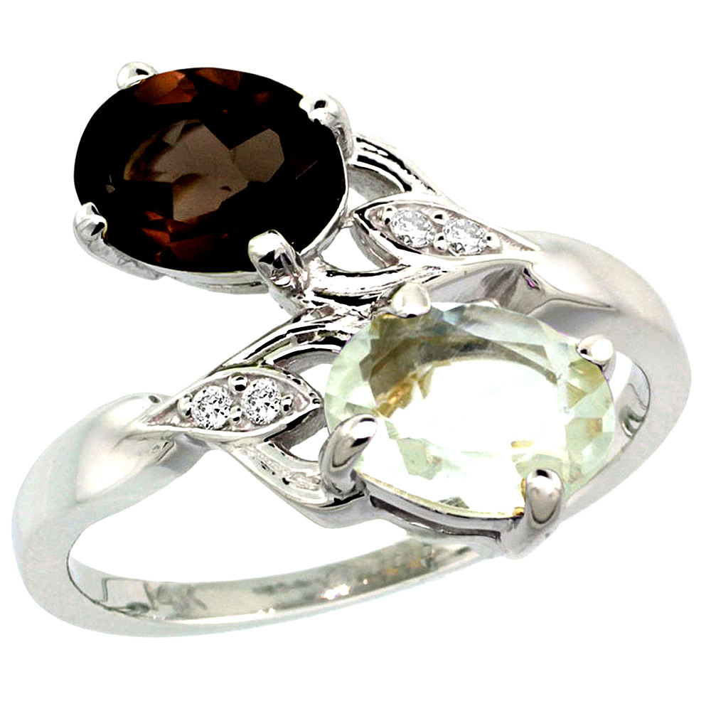 14K WHITE GOLD DIAMOND NATURAL GREEN AMETHYST & SMOKY TOPAZ 2-STONE RING OVAL 8X6MM, SIZES 5 - 10