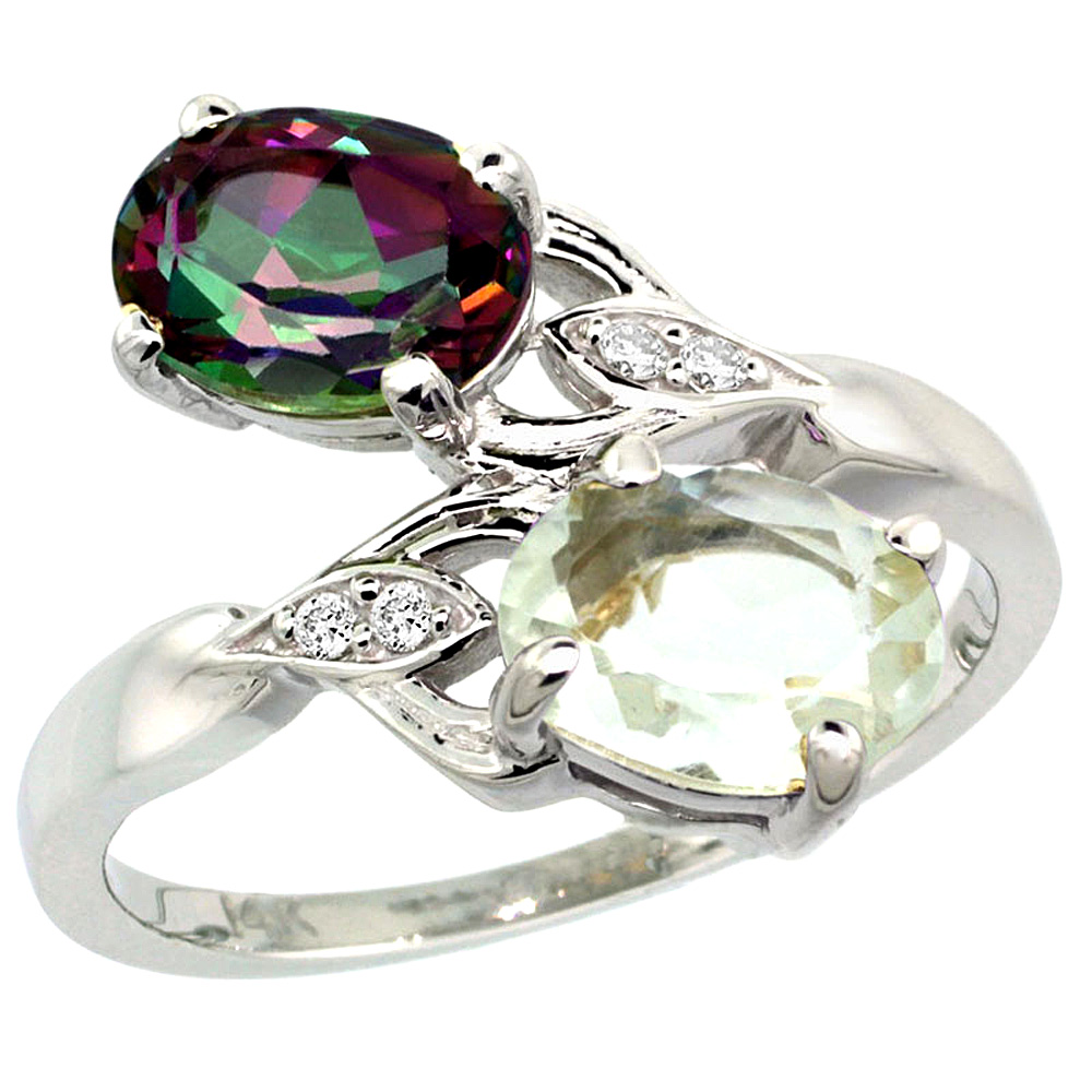 14K WHITE GOLD DIAMOND NATURAL GREEN AMETHYST & MYSTIC TOPAZ 2-STONE RING OVAL 8X6MM, SIZES 5 - 10