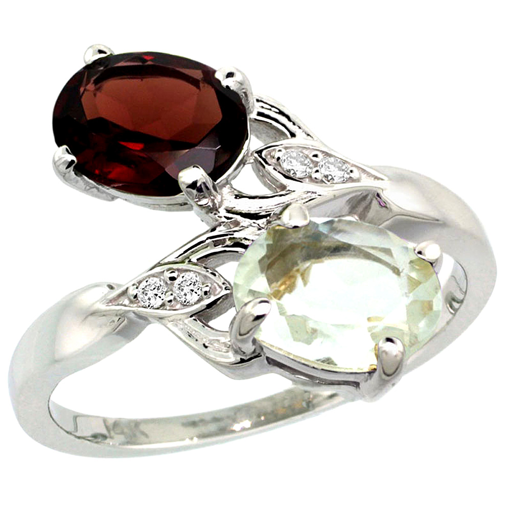 14k White Gold Diamond Natural Green Amethyst & Garnet 2-stone Ring Oval 8x6mm, sizes 5 - 10