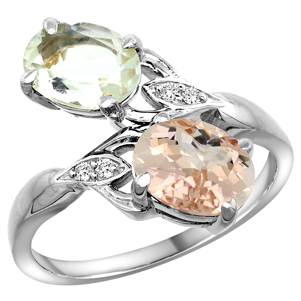 10K WHITE GOLD DIAMOND NATURAL GREEN AMETHYST & MORGANITE 2-STONE RING OVAL 8X6MM, SIZES 5 - 10